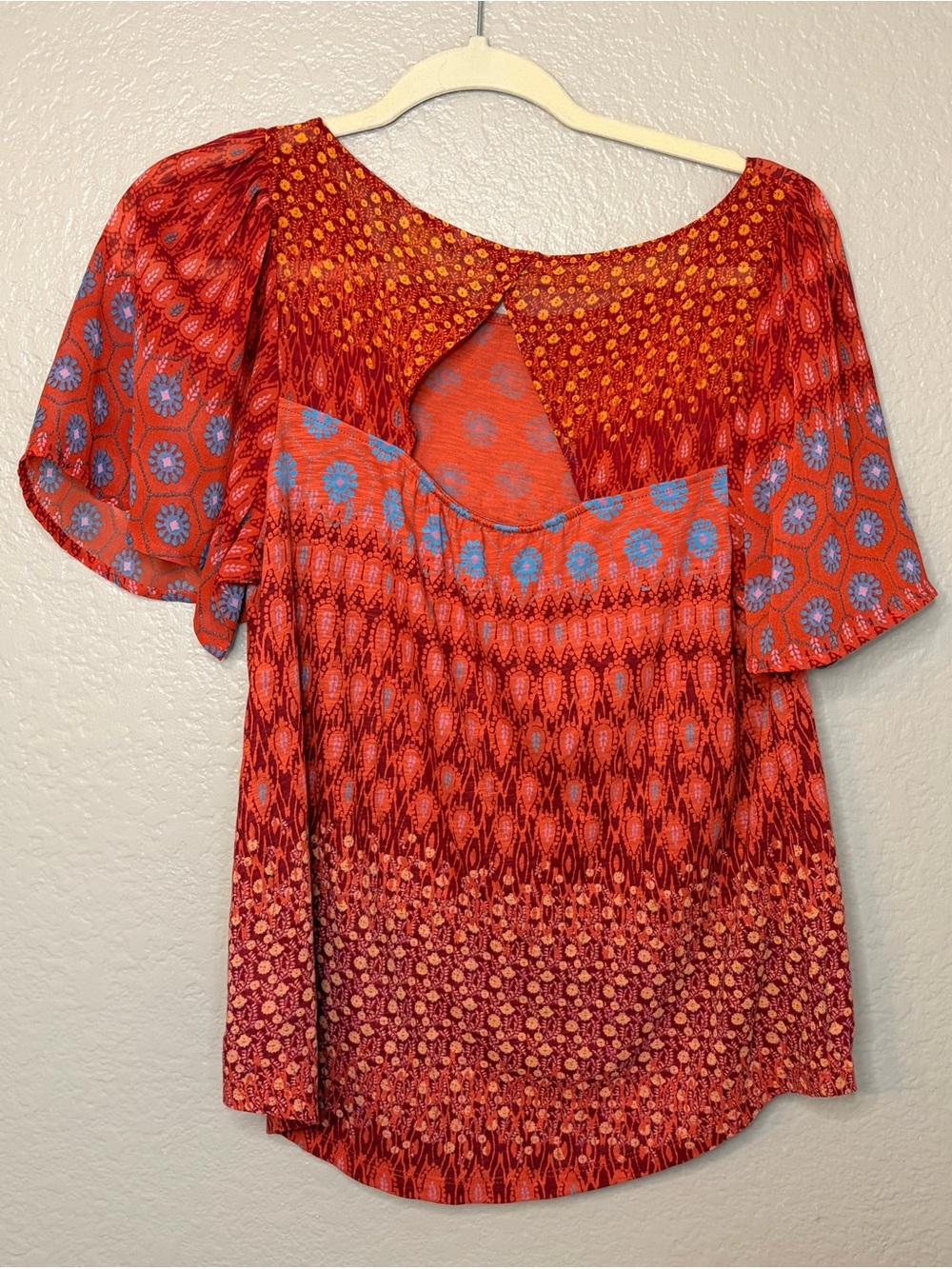 Red & Blue Boho Print Flutter Sleeve Blouse - Picture 6 of 10